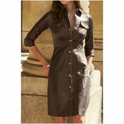 Sosandar Brown Leather Popper Front Dress -Sosandar unnamed file 1011