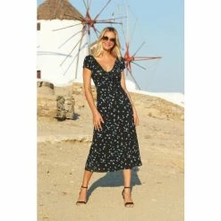 Sosandar Black Floral Print Ruched Neck Midi Dress
