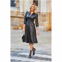 Sosandar Black Faux Leather Popper Front Shirt Dress -Sosandar unnamed file 104