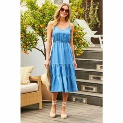 Sosandar Blue Tencel Denim Tiered Midi Dress
