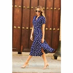 Sosandar Blue Spot Print Short Sleeve Midi Shirt Dress