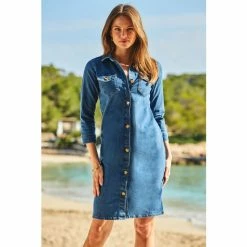 Sosandar Blue Denim Button Front Shift Dress