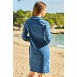Sosandar Blue Denim Button Front Shift Dress -Sosandar unnamed file 1074