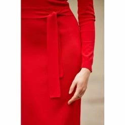 Sosandar Red Tie Waist Zip Cuff Knitted Dress -Sosandar unnamed file 1093