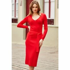 Sosandar Red Tie Waist Zip Cuff Knitted Dress -Sosandar unnamed file 1095