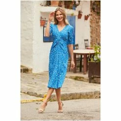 Sosandar Blue Spot V Neck Ruched Detail Midi Dress -Sosandar unnamed file 1111