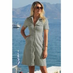Sosandar Green Short Sleeve Zip Front Denim Dress With Pockets