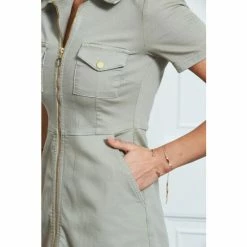 Sosandar Green Short Sleeve Zip Front Denim Dress With Pockets -Sosandar unnamed file 1150