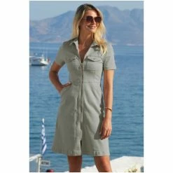 Sosandar Green Short Sleeve Zip Front Denim Dress With Pockets -Sosandar unnamed file 1151