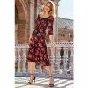 Sosandar Black Floral Print Square Neck Midi Dress