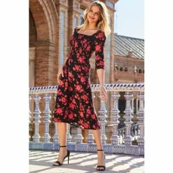 Sosandar Black Floral Print Square Neck Midi Dress