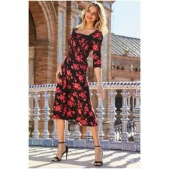 Sosandar Black Floral Print Square Neck Midi Dress -Sosandar unnamed file 1166