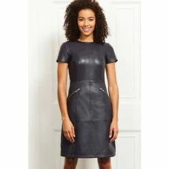 Sosandar Grey Leather Zip Pocket Detail Dress