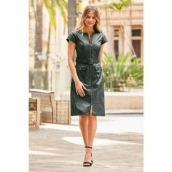 Sosandar Green Leather Colum Dress With Belt And Pocket Detail