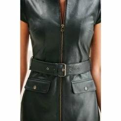 Sosandar Green Leather Colum Dress With Belt And Pocket Detail -Sosandar unnamed file 1212