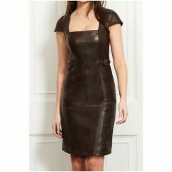 Sosandar Brown Leather Square Neck Buckle Detail Dress -Sosandar unnamed file 1219