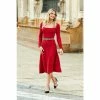 Sosandar Red Square Neck Gold Button Cuff Knitted Midi Dress