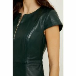 Sosandar Green Leather Zip Front Fit & Flare Dress -Sosandar unnamed file 1231