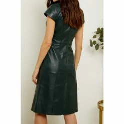 Sosandar Green Leather Zip Front Fit & Flare Dress -Sosandar unnamed file 1232