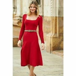 Sosandar Red Square Neck Gold Button Cuff Knitted Midi Dress -Sosandar unnamed file 124