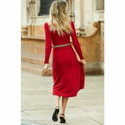 Sosandar Red Square Neck Gold Button Cuff Knitted Midi Dress -Sosandar unnamed file 125