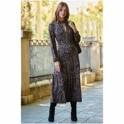 Sosandar Brown High Neck Key Hole Tirred Midi Dress -Sosandar unnamed file 1295