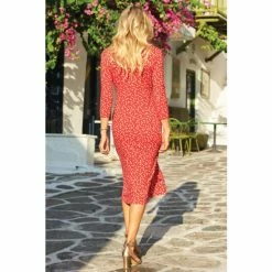 Sosandar Red Print Ruched Neck Midi Dress -Sosandar unnamed file 1301