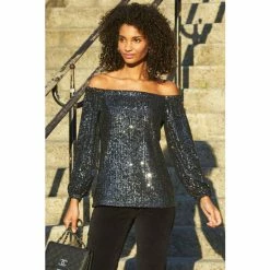 Sosandar Grey Sequin Bardot Neck Blouse