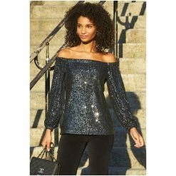 Sosandar Grey Sequin Bardot Neck Blouse -Sosandar unnamed file 1308