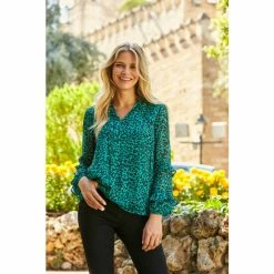 Sosandar Blue Animal Ruffle Sleeve Top