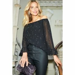 Sosandar Black Geometric Print Sheer Sleeve Bardot Top -Sosandar unnamed file 1321