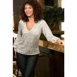 Sosandar Silver Sequin V Neck Blouson Sleeve Top