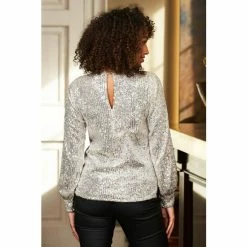 Sosandar Silver Sequin V Neck Blouson Sleeve Top -Sosandar unnamed file 1326