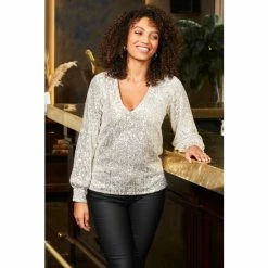 Sosandar Silver Sequin V Neck Blouson Sleeve Top -Sosandar unnamed file 1328