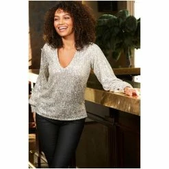 Sosandar Silver Sequin V Neck Blouson Sleeve Top -Sosandar unnamed file 1329