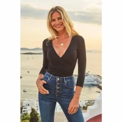 Sosandar Black Faux Wrap Jersey Top