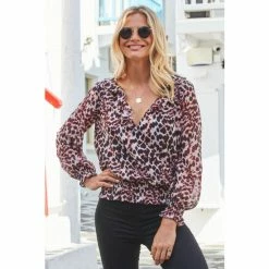 Sosandar Neutral Animal Print Shirred Hem Blouse