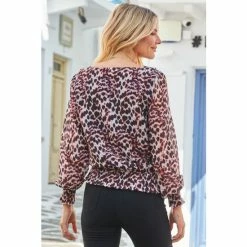 Sosandar Neutral Animal Print Shirred Hem Blouse -Sosandar unnamed file 1338