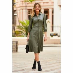 Sosandar Green Faux Leather Popper Front Shirt Dress