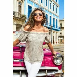 Sosandar Silver Sequin Bardot Short Sleeve Top