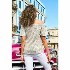 Sosandar Silver Sequin Bardot Short Sleeve Top -Sosandar unnamed file 1360