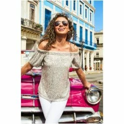 Sosandar Silver Sequin Bardot Short Sleeve Top -Sosandar unnamed file 1362