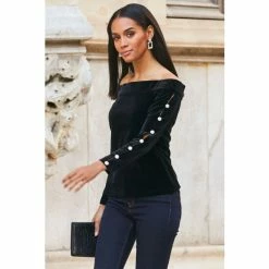 Sosandar Black Velvet Embellished Sleeve Bardot Top