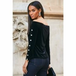 Sosandar Black Velvet Embellished Sleeve Bardot Top -Sosandar unnamed file 1365