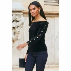 Sosandar Black Velvet Embellished Sleeve Bardot Top -Sosandar unnamed file 1367