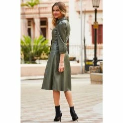 Sosandar Green Faux Leather Popper Front Shirt Dress -Sosandar unnamed file 137