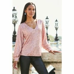 Sosandar Gold Sequin V Neck Blouson Sleeve Top
