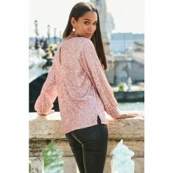 Sosandar Gold Sequin V Neck Blouson Sleeve Top -Sosandar unnamed file 1391