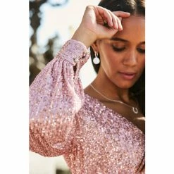 Sosandar Gold Sequin V Neck Blouson Sleeve Top -Sosandar unnamed file 1392