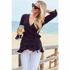 Sosandar Black Ruffle Hem Fluted Cuff Top -Sosandar unnamed file 1412